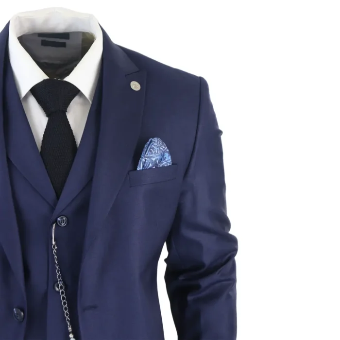 Mens Classic 3 Piece Suit Navy Blue Pocket Chain Wedding Tailored Fit Vintage Formal - Image 5