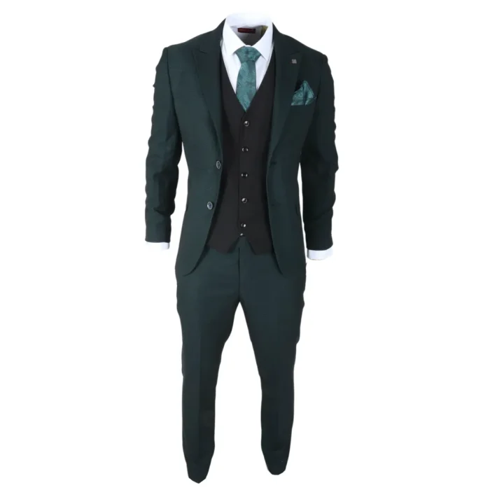 Men's Suit Olive Black 3 Piece Prince Of Wales Check Classic Tailored Fit - Image 2