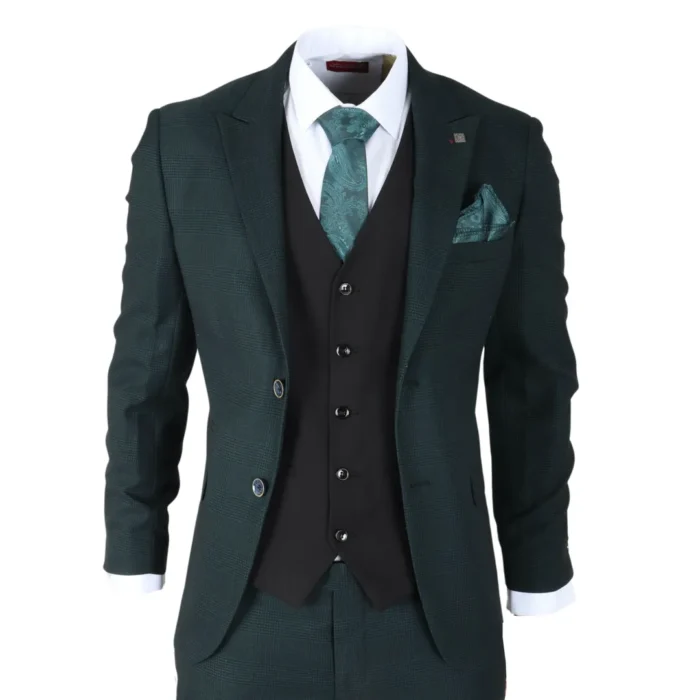 Men's Suit Olive Black 3 Piece Prince Of Wales Check Classic Tailored Fit - Image 1
