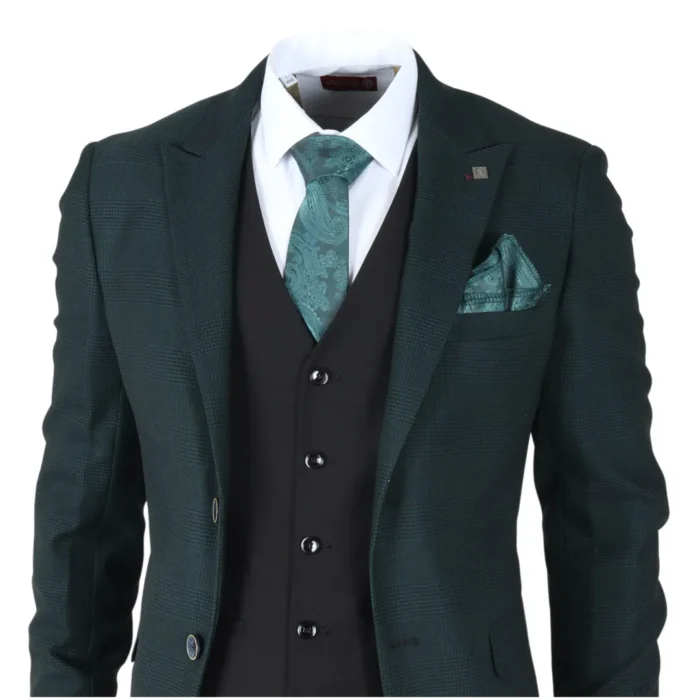 Men's Suit Olive Black 3 Piece Prince Of Wales Check Classic Tailored Fit - Image 3