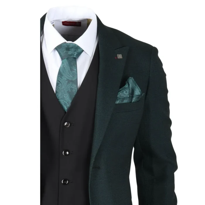 Men's Suit Olive Black 3 Piece Prince Of Wales Check Classic Tailored Fit - Image 4