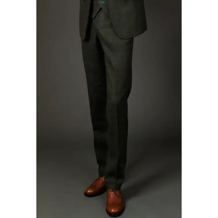 Men's Trousers Wool Blend Olive Green Herringbone Check Tweed Formal Pants - Image 1