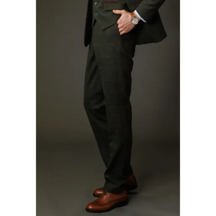 Men's Trousers Wool Blend Olive Green Herringbone Check Tweed Formal Pants - Image 2