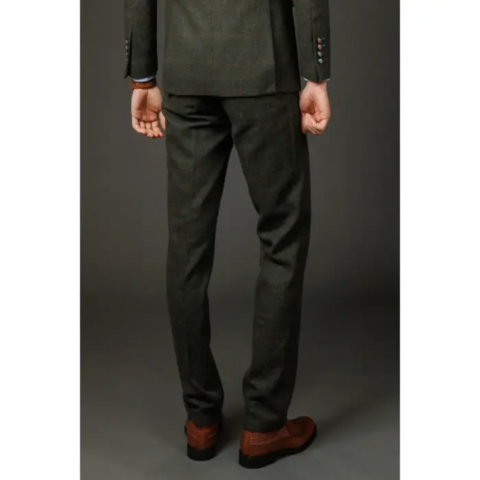 Men's Trousers Wool Blend Olive Green Herringbone Check Tweed Formal Pants - Image 3