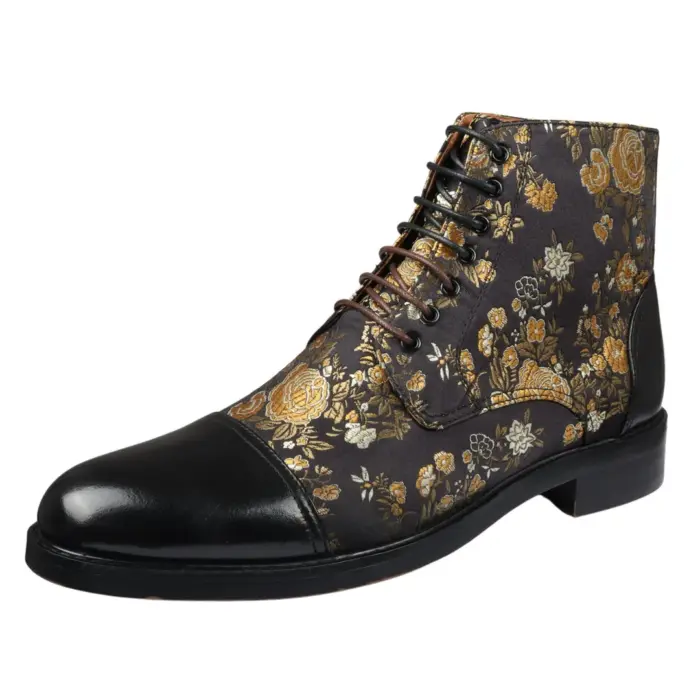 Men's Boot Oxford Brogue Floral Print Lace Up Leather Ankle Boots - Image 3