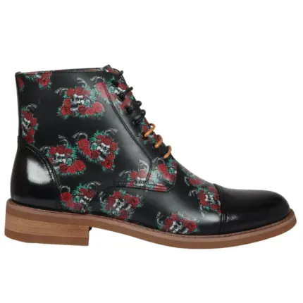 Men's Boot Black Oxford Floral Skull Print Lace Up Leather Dress Ankle Boots