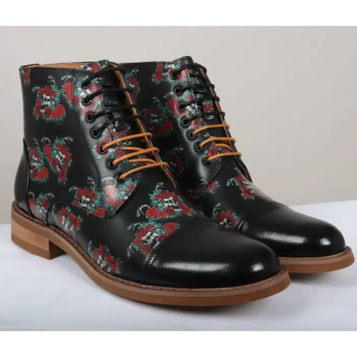 Men's Boot Black Oxford Floral Skull Print Lace Up Leather Dress Ankle Boots - Image 2