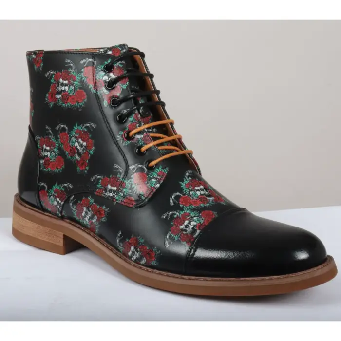 Men's Boot Black Oxford Floral Skull Print Lace Up Leather Dress Ankle Boots - Image 3