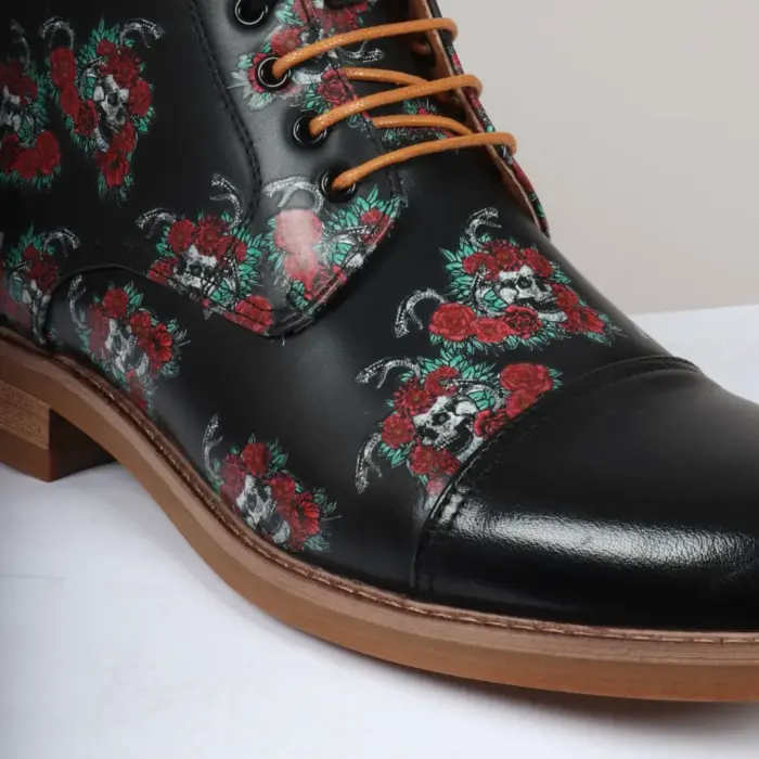 Men's Boot Black Oxford Floral Skull Print Lace Up Leather Dress Ankle Boots - Image 4
