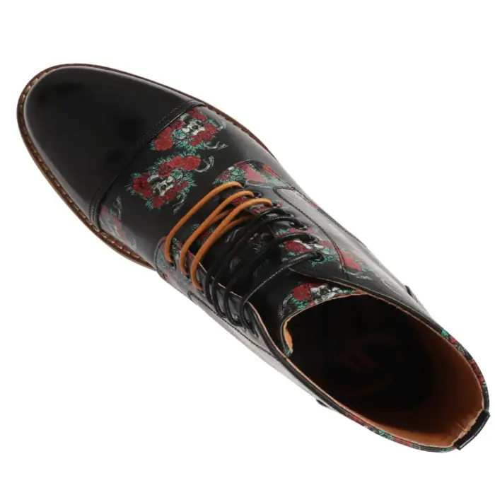 Men's Boot Black Oxford Floral Skull Print Lace Up Leather Dress Ankle Boots - Image 5