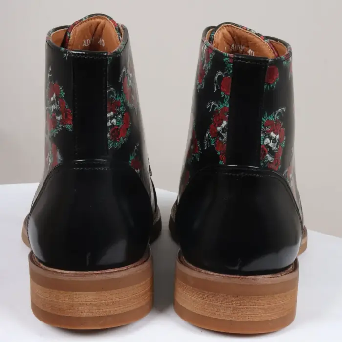 Men's Boot Black Oxford Floral Skull Print Lace Up Leather Dress Ankle Boots - Image 6