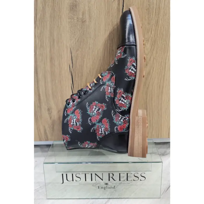 Men's Boot Black Oxford Floral Skull Print Lace Up Leather Dress Ankle Boots - Image 7