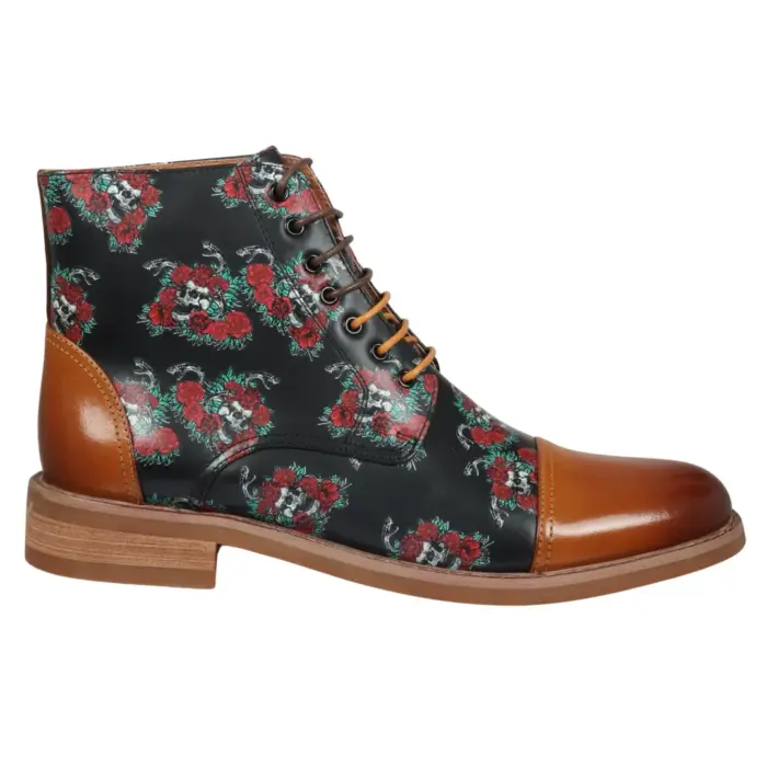 Men's Boot Brown Oxford Floral Skull Print Lace Up Leather Dress Ankle Boots - Image 1
