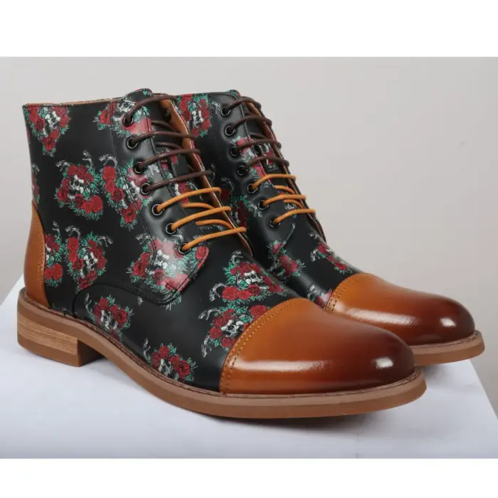 Men's Boot Brown Oxford Floral Skull Print Lace Up Leather Dress Ankle Boots - Image 2