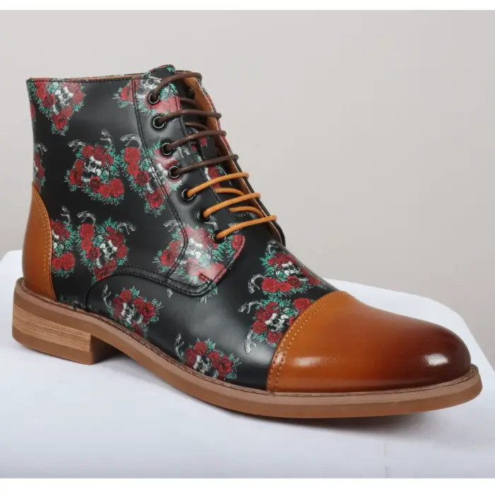 Men's Boot Brown Oxford Floral Skull Print Lace Up Leather Dress Ankle Boots - Image 3