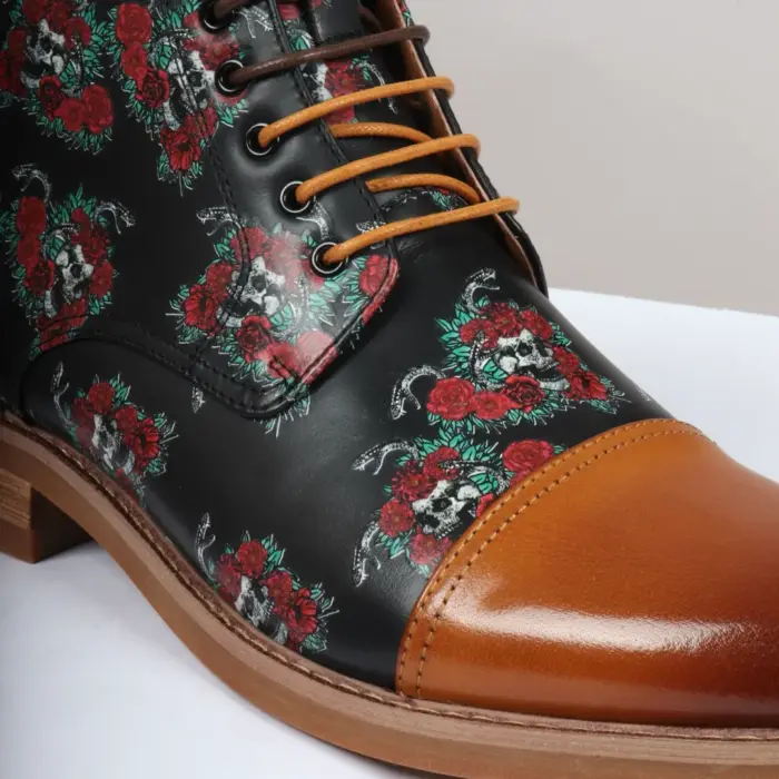 Men's Boot Brown Oxford Floral Skull Print Lace Up Leather Dress Ankle Boots - Image 4