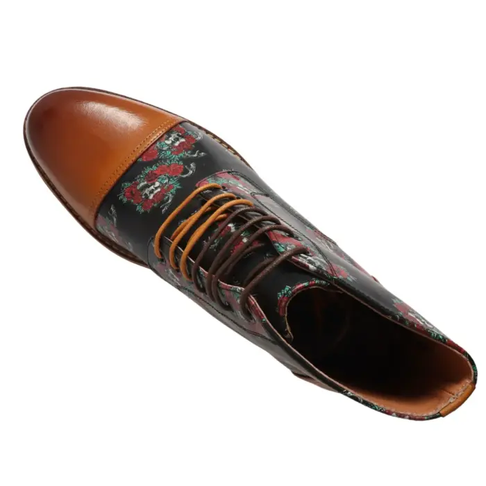 Men's Boot Brown Oxford Floral Skull Print Lace Up Leather Dress Ankle Boots - Image 5