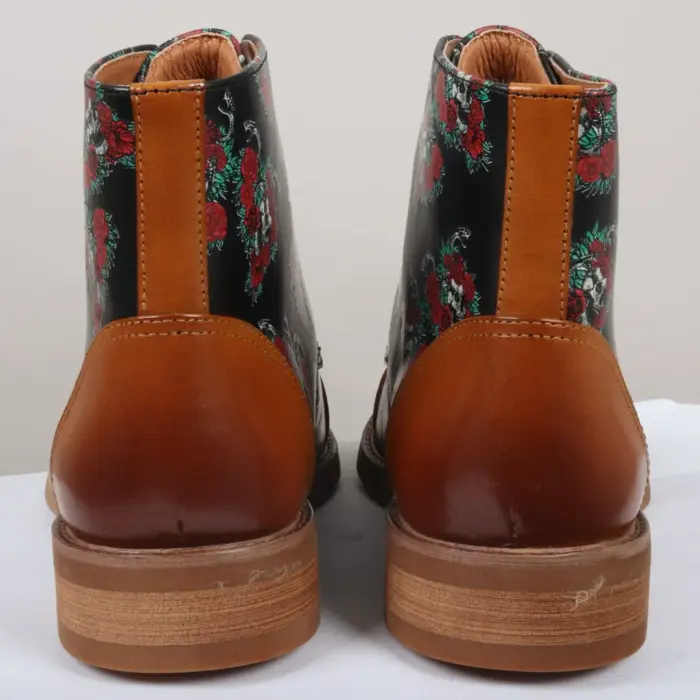 Men's Boot Brown Oxford Floral Skull Print Lace Up Leather Dress Ankle Boots - Image 6