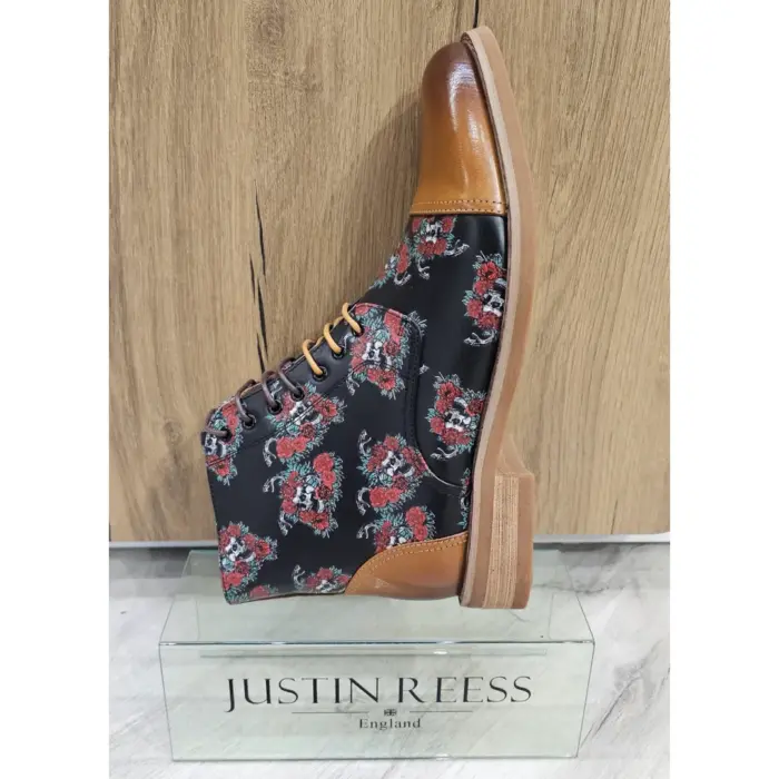 Men's Boot Brown Oxford Floral Skull Print Lace Up Leather Dress Ankle Boots - Image 7