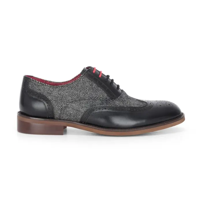 Albert - Men's Black Leather Tweed Detailing Brogue Shoes - Image 1