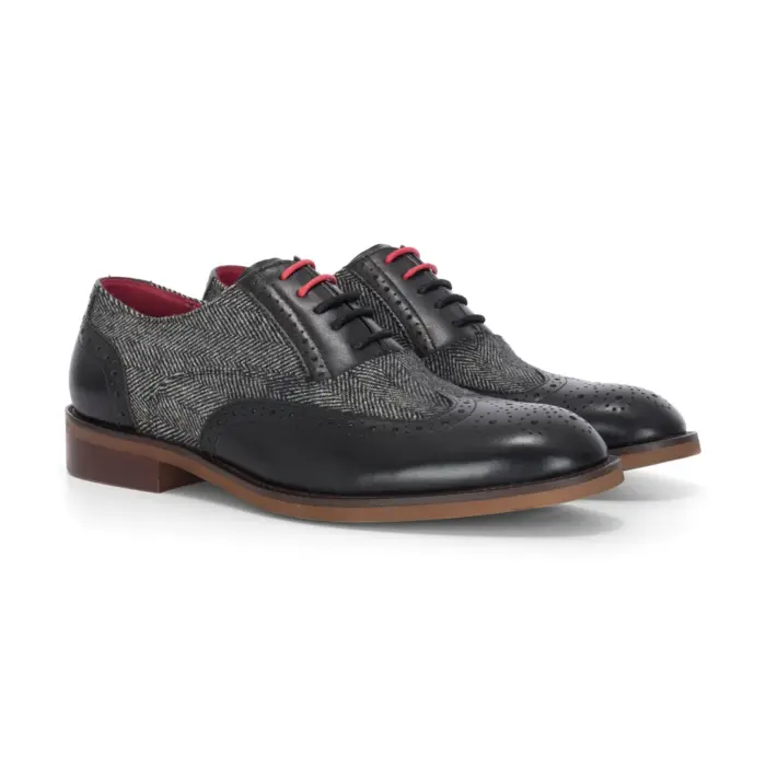 Albert - Men's Black Leather Tweed Detailing Brogue Shoes - Image 2