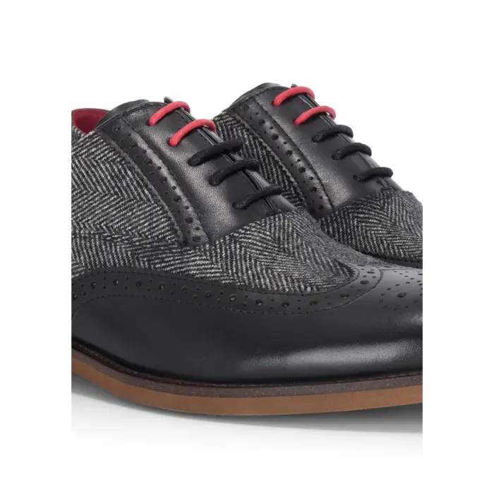 Albert - Men's Black Leather Tweed Detailing Brogue Shoes - Image 7