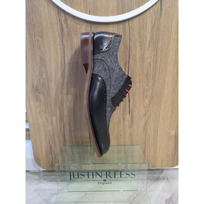 Albert - Men's Black Leather Tweed Detailing Brogue Shoes - Image 5