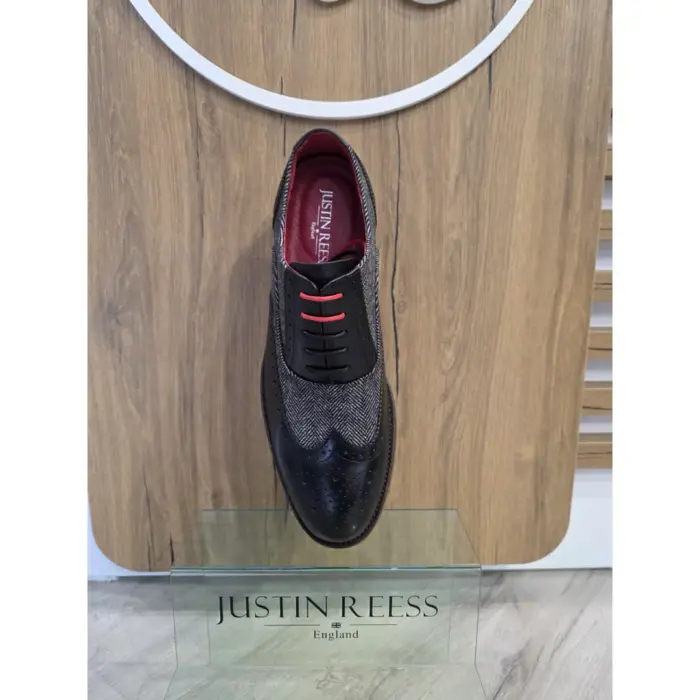 Albert - Men's Black Leather Tweed Detailing Brogue Shoes - Image 4