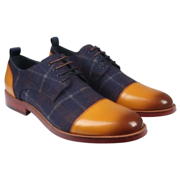 Men's Shoes Navy Tan Oxford Lace Up Leather Formal Dress Shoe - Image 2