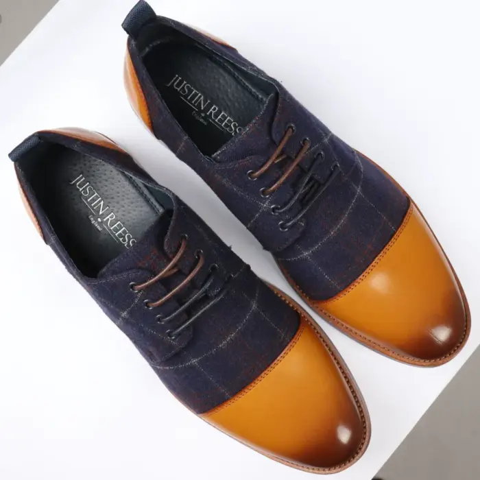 Men's Shoes Navy Tan Oxford Lace Up Leather Formal Dress Shoe - Image 4