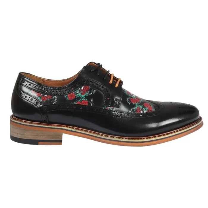 Men's Shoes Black Floral Skull Print Leather Oxford Brogue Lace Up Formal Dress Shoe - Image 1