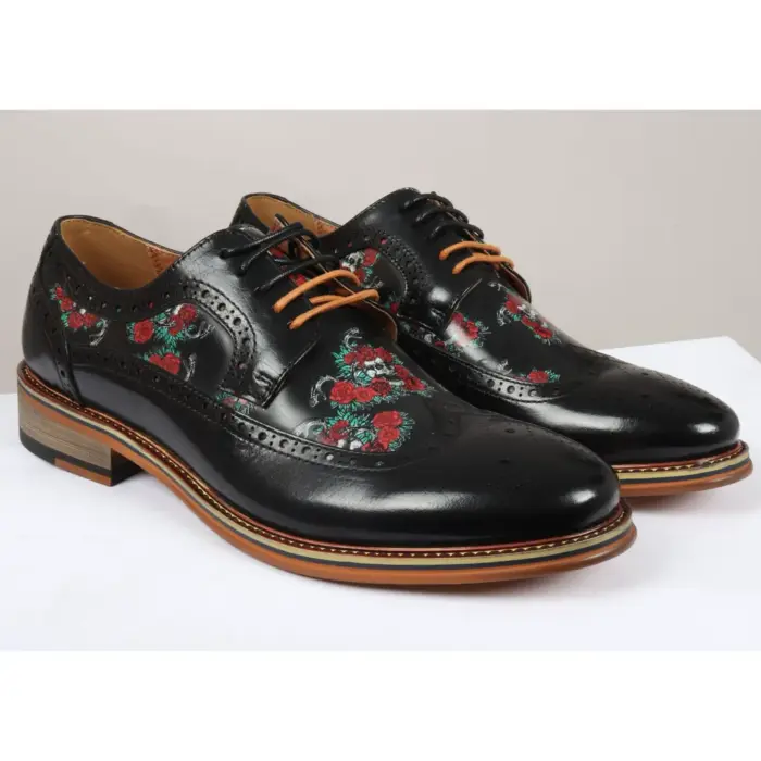 Men's Shoes Black Floral Skull Print Leather Oxford Brogue Lace Up Formal Dress Shoe - Image 2