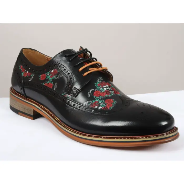 Men's Shoes Black Floral Skull Print Leather Oxford Brogue Lace Up Formal Dress Shoe - Image 7