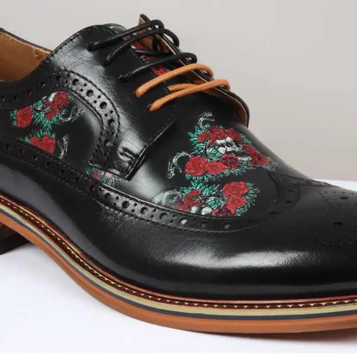 Men's Shoes Black Floral Skull Print Leather Oxford Brogue Lace Up Formal Dress Shoe - Image 6
