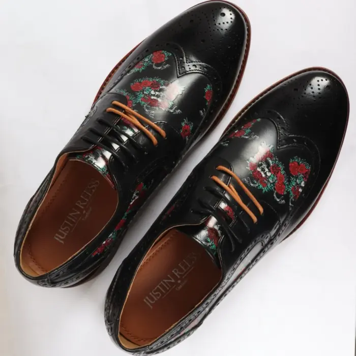 Men's Shoes Black Floral Skull Print Leather Oxford Brogue Lace Up Formal Dress Shoe - Image 5