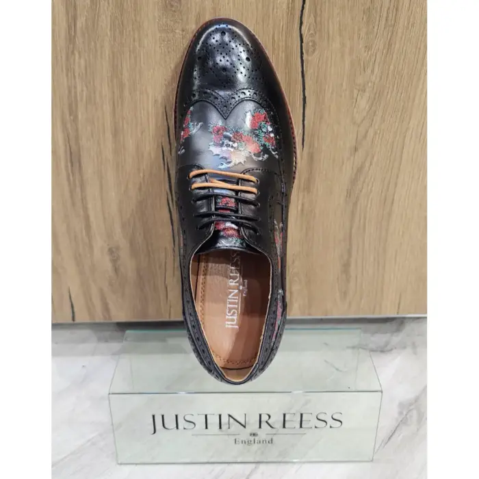 Men's Shoes Black Floral Skull Print Leather Oxford Brogue Lace Up Formal Dress Shoe - Image 3