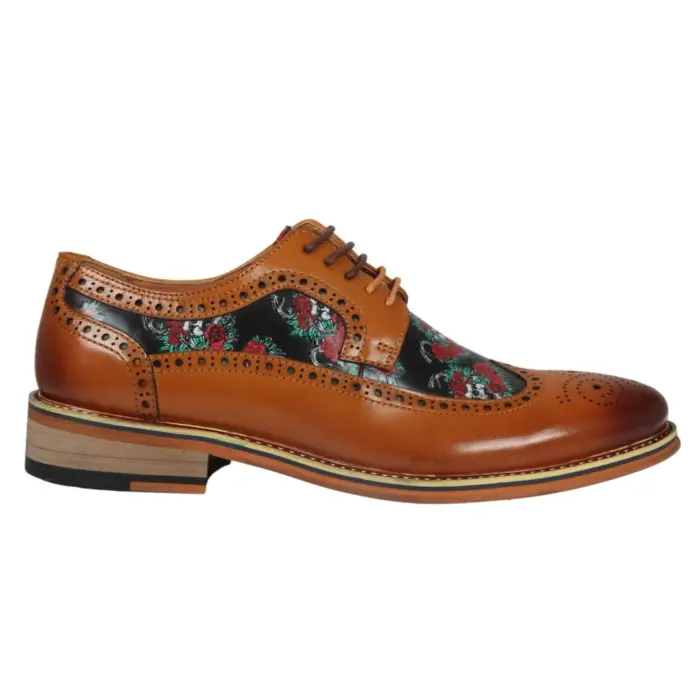 Men's Shoes Brown Floral Skull Print Leather Oxford Brogue Lace Up Formal Dress Shoe - Image 1