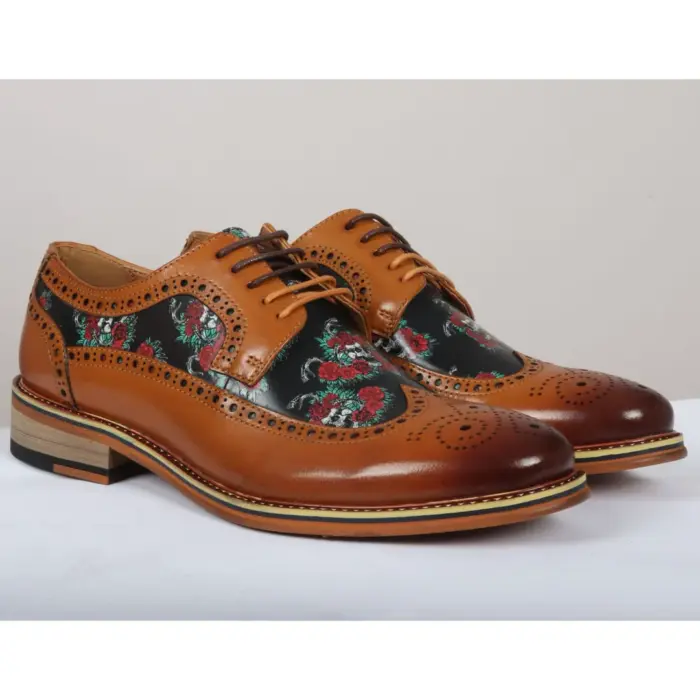Men's Shoes Brown Floral Skull Print Leather Oxford Brogue Lace Up Formal Dress Shoe - Image 2