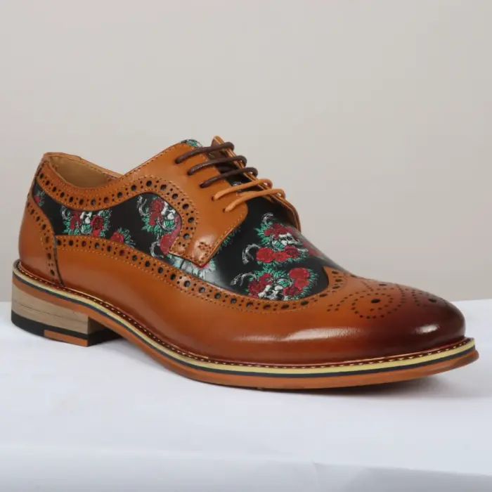 Men's Shoes Brown Floral Skull Print Leather Oxford Brogue Lace Up Formal Dress Shoe - Image 8