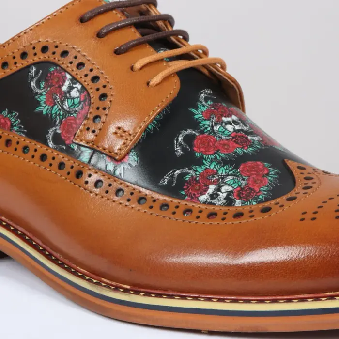 Men's Shoes Brown Floral Skull Print Leather Oxford Brogue Lace Up Formal Dress Shoe - Image 7