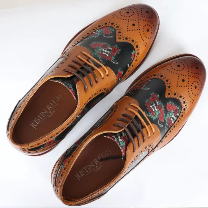 Men's Shoes Brown Floral Skull Print Leather Oxford Brogue Lace Up Formal Dress Shoe - Image 6