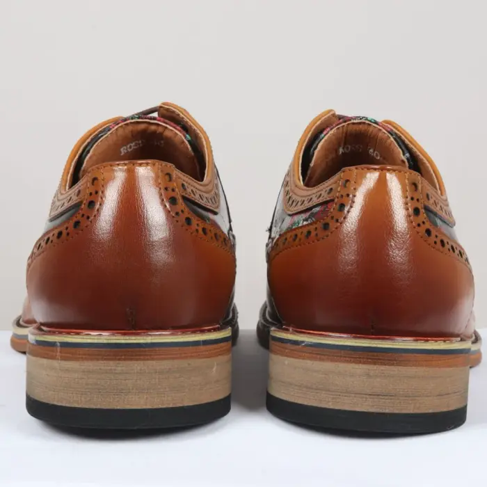 Men's Shoes Brown Floral Skull Print Leather Oxford Brogue Lace Up Formal Dress Shoe - Image 5