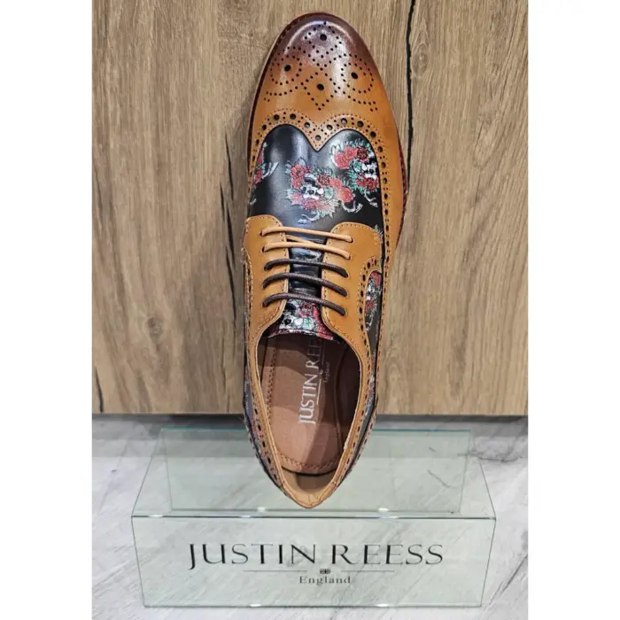 Men's Shoes Brown Floral Skull Print Leather Oxford Brogue Lace Up Formal Dress Shoe - Image 4