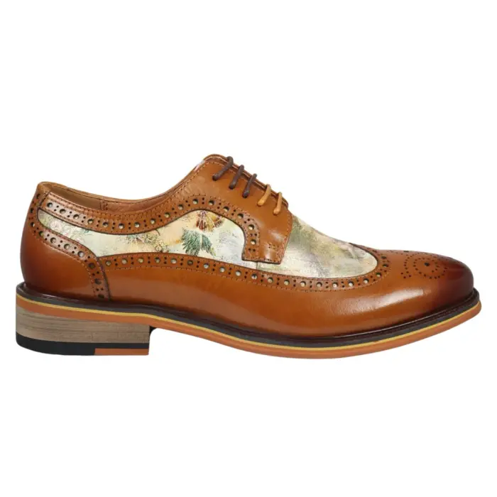 Men's Shoes Brown Iconic Print Leather Oxford Brogue Lace Up Formal Dress Shoe - Image 1