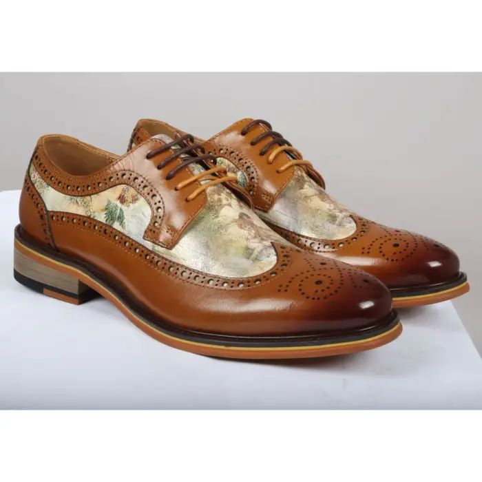 Men's Shoes Brown Iconic Print Leather Oxford Brogue Lace Up Formal Dress Shoe - Image 2