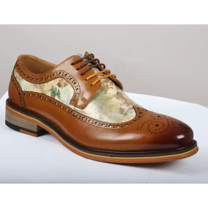 Men's Shoes Brown Iconic Print Leather Oxford Brogue Lace Up Formal Dress Shoe - Image 8