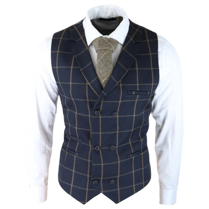 Mens Double Breasted Herringbone Tweed Blinders Vintage Check Waistcoat - Image 1