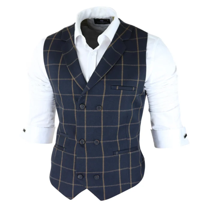Mens Double Breasted Herringbone Tweed Blinders Vintage Check Waistcoat - Image 2