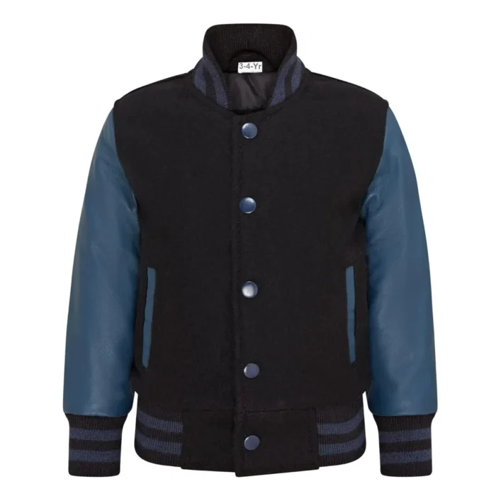 Kids Black Navy Varsity Bomber Jacket Wool Body Real Leather Sleeves - Image 1
