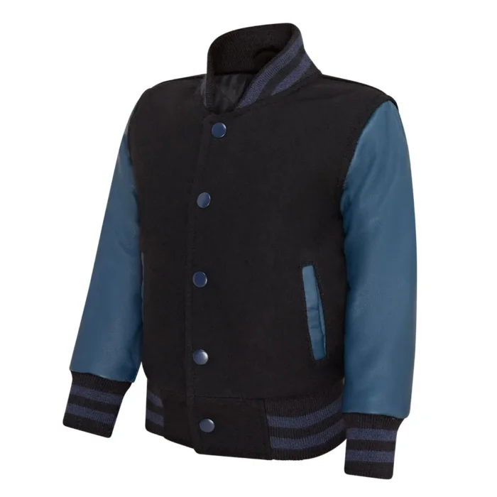 Kids Black Navy Varsity Bomber Jacket Wool Body Real Leather Sleeves - Image 2